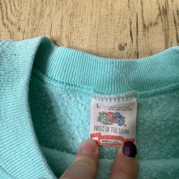 VTG Fruit of the Loom Large Teal Cross Stitch Bunny Sweatshirt Vintage - Picture 3 of 10